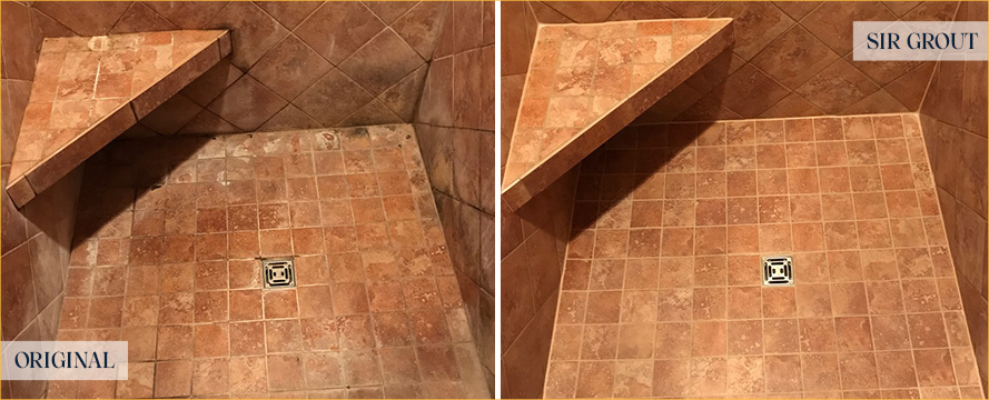 Beige Shower Before and After Cracked and Crumbling Grout Repair