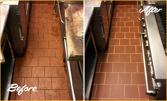 Before and After Picture of a Gahanna Restaurant Kitchen Tile and Grout Cleaned to Eliminate Dirt and Grease Build-Up