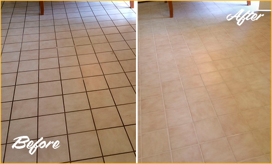 Before and After Picture of a Worthington Kitchen Tile and Grout Cleaned to Remove Embedded Dirt