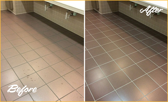 Before and After Picture of a Galloway Restrooms Tile and Grout Cleaned to Remove Embedded Dirt