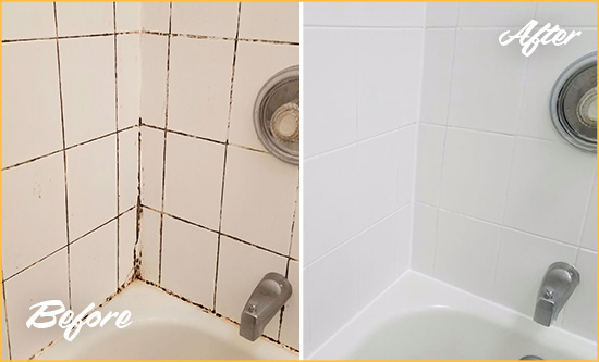 Before and After Picture of a North Hampton Shower Tile and Grout Cleaned to Eliminate Mold