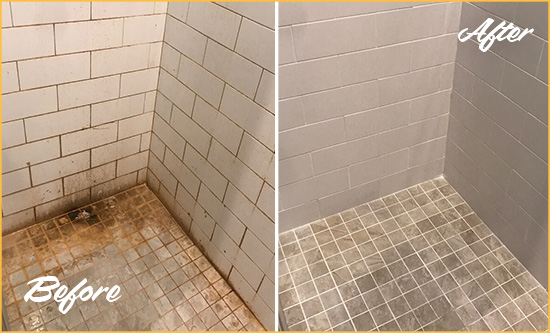 Before and After Picture of a Columbus Shower Tile and Grout Cleaned to Eliminate Mold and Stains