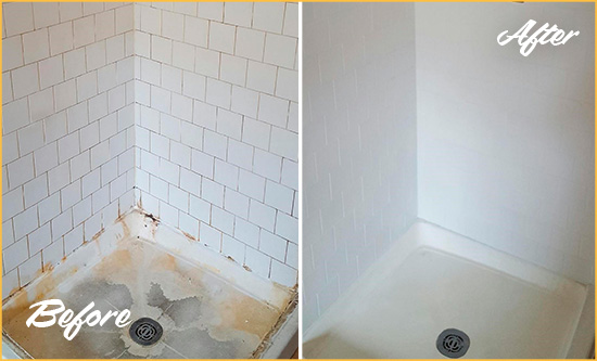 Before and After Picture of a Worthington Shower Tile and Grout Cleaned to Remove Soap Scum