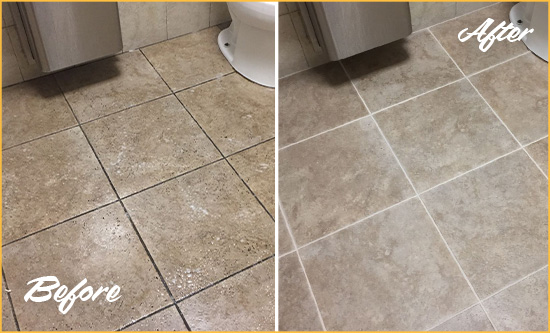 Before and After Picture of a Huber Heights Restroom Tile and Grout Cleaned to Remove Soil