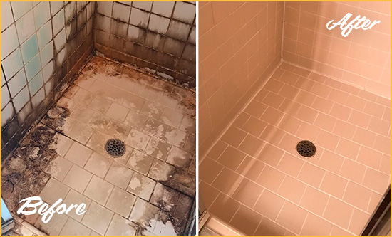 Before and After Picture of a Groveport Shower Tile and Grout Cleaned to Repair Water Damage