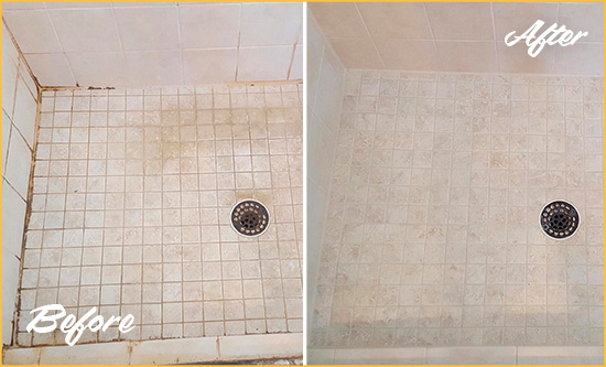 Before and After Picture of a Groveport Shower Caulked to Fix Cracks