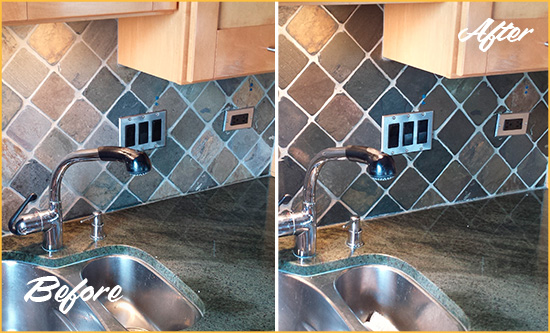 Before and After Picture of a Worthington Backsplash Caulked to Fix and Prevent Water Leaks