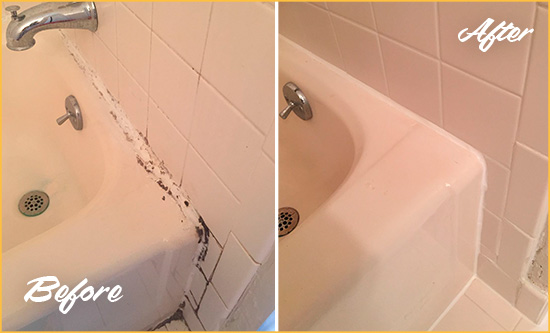 Before and After Picture of a Columbus Bathroom Sink Caulked to Fix a DIY Proyect Gone Wrong