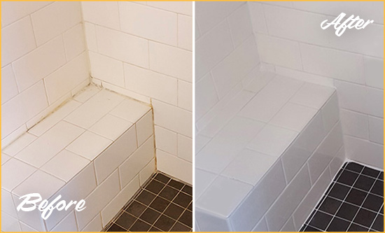 Before and After Picture of a Groveport Shower Seat Caulked to Protect Against Mold and Mildew Growth