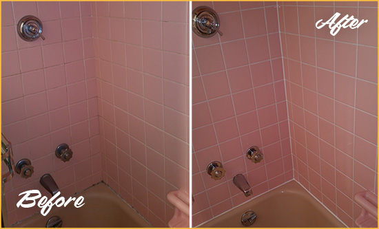 Before and After Picture of a Urbana Bathtub Caulked to Eliminate Mold