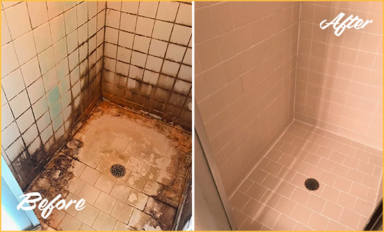 Before and After Picture of a Columbus Shower Caulked to Fix and Prevent Water Damage