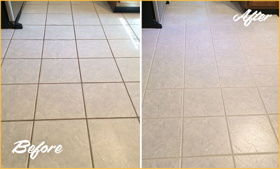 Before and After Picture of a Worthington Kitchen Ceramic Floor Sealed to Protect From Dirt and Spills