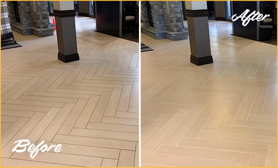 Before and After Picture of a Dirty Worthington Ceramic Office Lobby Sealed For Extra Protection Against Heavy Foot Traffic