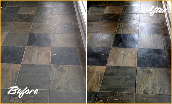 Before and After Picture of a Dull Worthington Slate Floor Sealed to Bring Back Its Colors