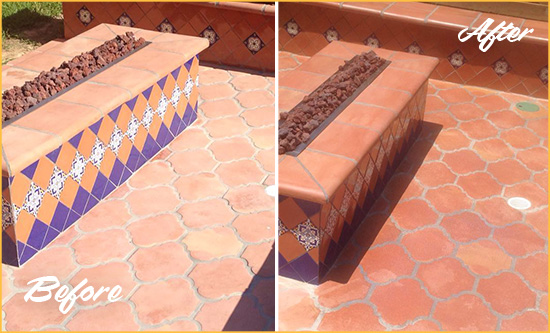 Before and After Picture of a Dull Worthington Terracotta Patio Floor Sealed For UV Protection