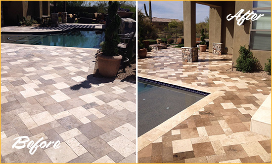 Before and After Picture of a Faded Worthington Travertine Pool Deck Sealed For Extra Protection