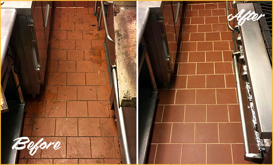 Before and After Picture of a Worthington Restaurant Kitchen Floor Sealed to Remove Soil