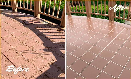 Before and After Picture of a Huber Heights Hard Surface Restoration Service on a Tiled Deck