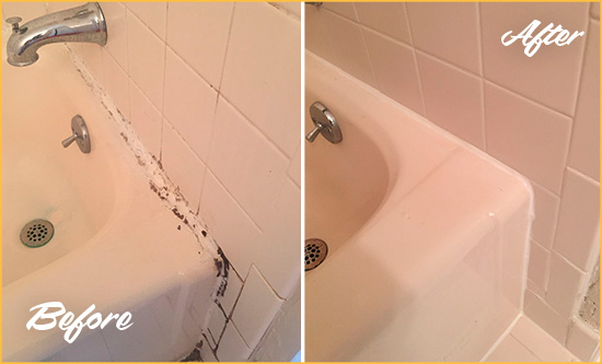 Before and After Picture of a North Hampton Hard Surface Restoration Service on a Tile Shower to Repair Damaged Caulking