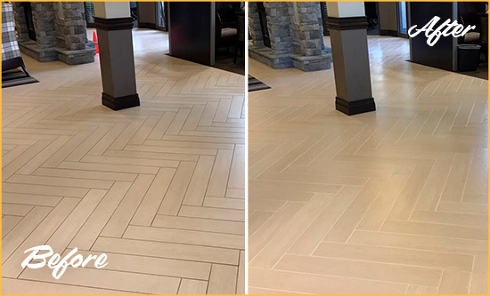 Before and After Picture of a Yellow Springs Hard Surface Restoration Service on an Office Lobby Tile Floor to Remove Embedded Dirt