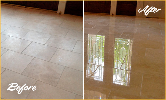 Before and After Picture of a Galloway Hard Surface Restoration Service on a Dull Travertine Floor Polished to Recover Its Splendor