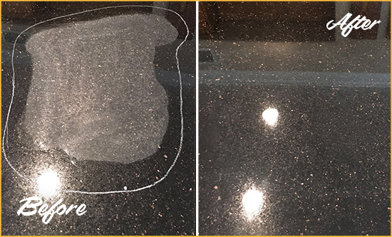 Before and After Picture of a Jeffersonville Hard Surface Restoration Service on a Granite Countertop to Remove Scratches