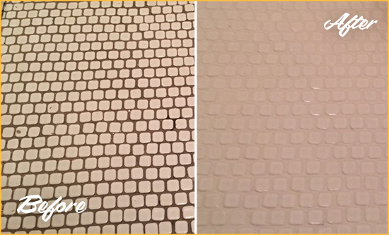 Before and After Picture of a Gahanna Hard Surface Restoration Service on a Bathroom Tile Floor Recolored to Fix Grout Color