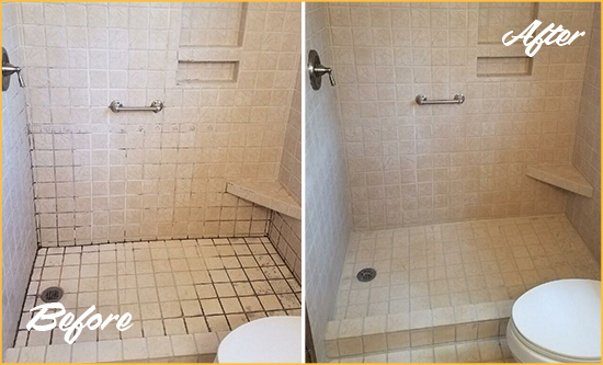 Before and After Picture of a Grove City Shower Grout Cleaned to Remove Mold