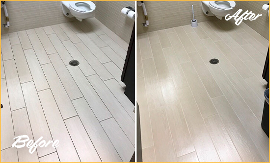 Before and After Picture of a Columbus Office Restroom's Grout Cleaned to Remove Dirt