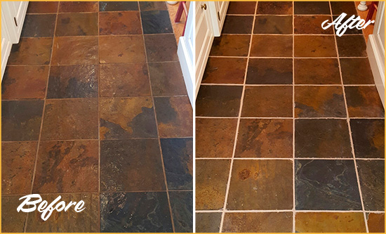 Before and After Picture of Groveport Slate Floor Grout Cleaned to Remove Dirt