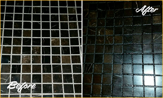 Before and After Picture of a Groveport Black Floor with Recolored Grout