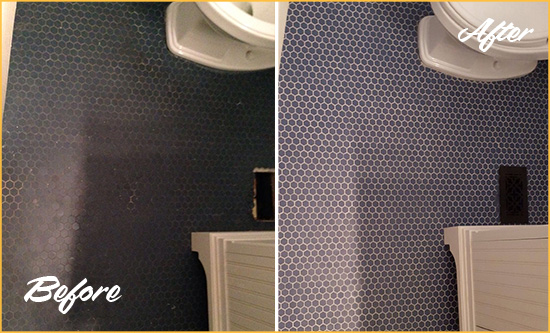 Before and After Picture of a Urbana Blue Tile Floor Recolored Grout