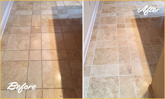 Before and After Picture of a Yellow Springs Travertine Kitchen Floor Recolored Grout