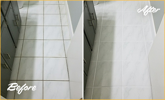 Before and After Picture of a Plain City White Ceramic Tile with Recolored Grout