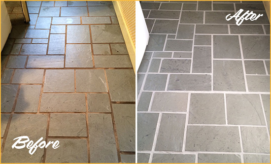 Before and After Picture of Damaged Yellow Springs Slate Floor with Sealed Grout