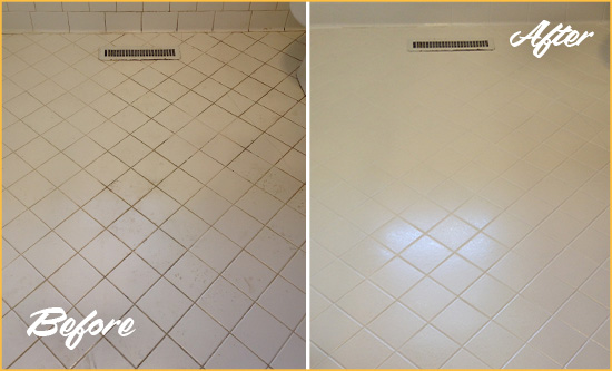 Before and After Picture of a London White Bathroom Floor Grout Sealed for Extra Protection