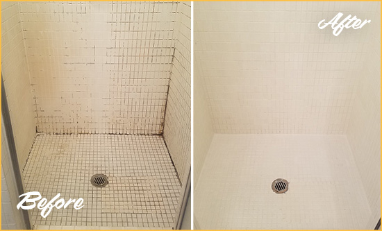 Before and After Picture of a South Charleston Bathroom Grout Sealed to Remove Mold