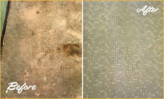 Before and After Picture of a Urbana Mosaic Shower Cleaned to Eliminate Embedded Dirt