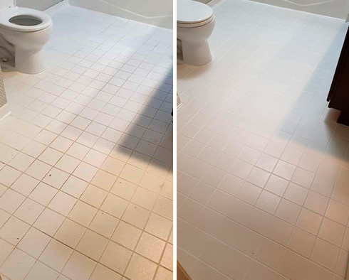 Bathroom Floor Before and After a Grout Recoloring in Hilliard