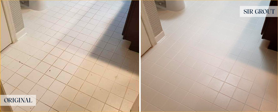 Bathroom Floor Before and After a Grout Recoloring in Hilliard