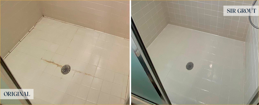 Shower Floor and Walls Before and After a Grout Cleaning in Westerville