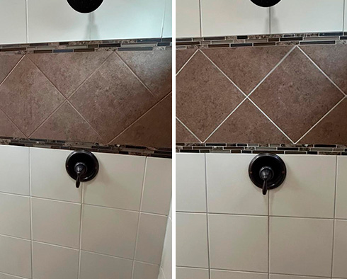 Shower Wall Before and After a Service from Our Tile and Grout Cleaners in Westerville