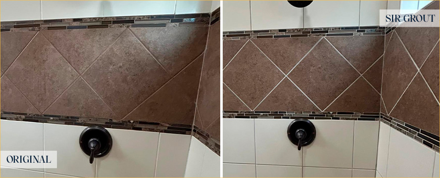 Shower Wall Before and After a Service from Our Tile and Grout Cleaners in Westerville